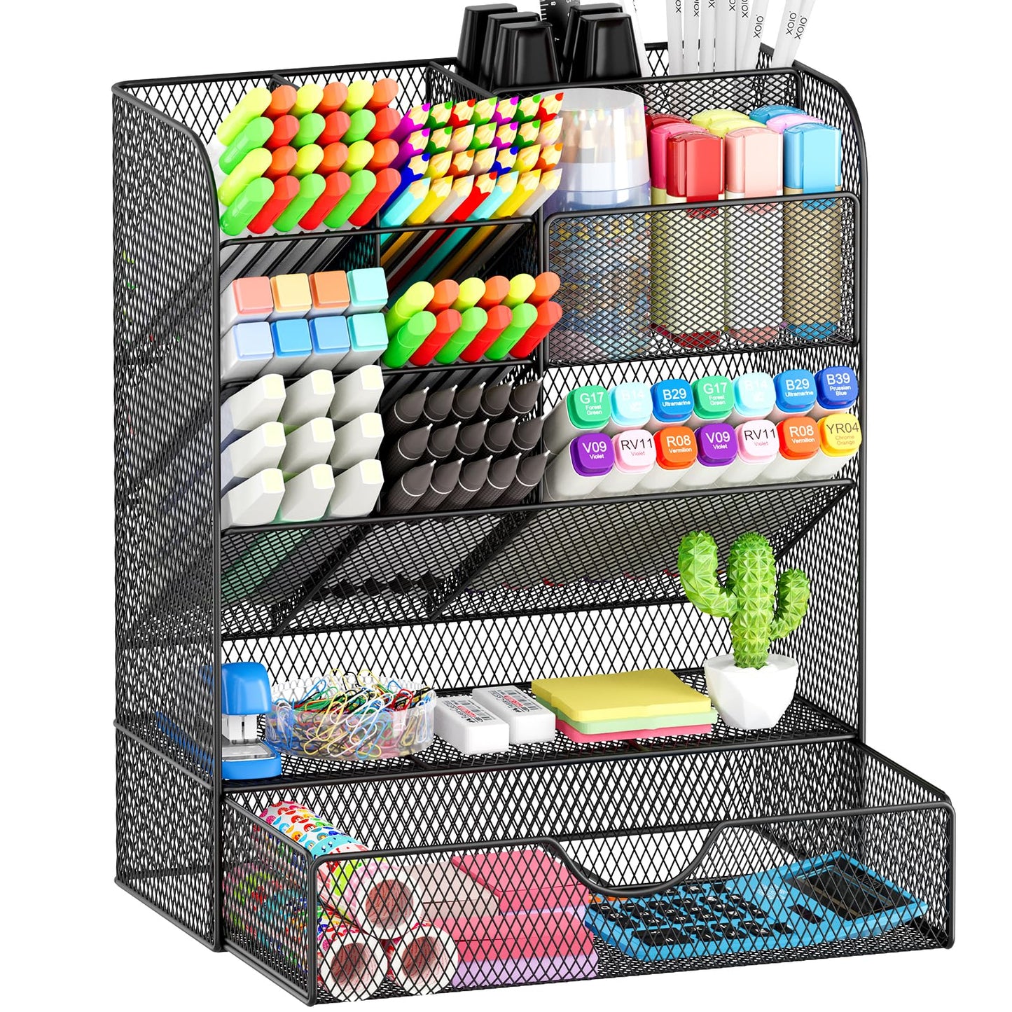 Desk Organizers and Accessories, Pen Holder for Desk Organizer with Drawer, Pencil Holder Office Desk Accessories Workspace Desktop Organizer for School Home Office Art Supplies(Black)