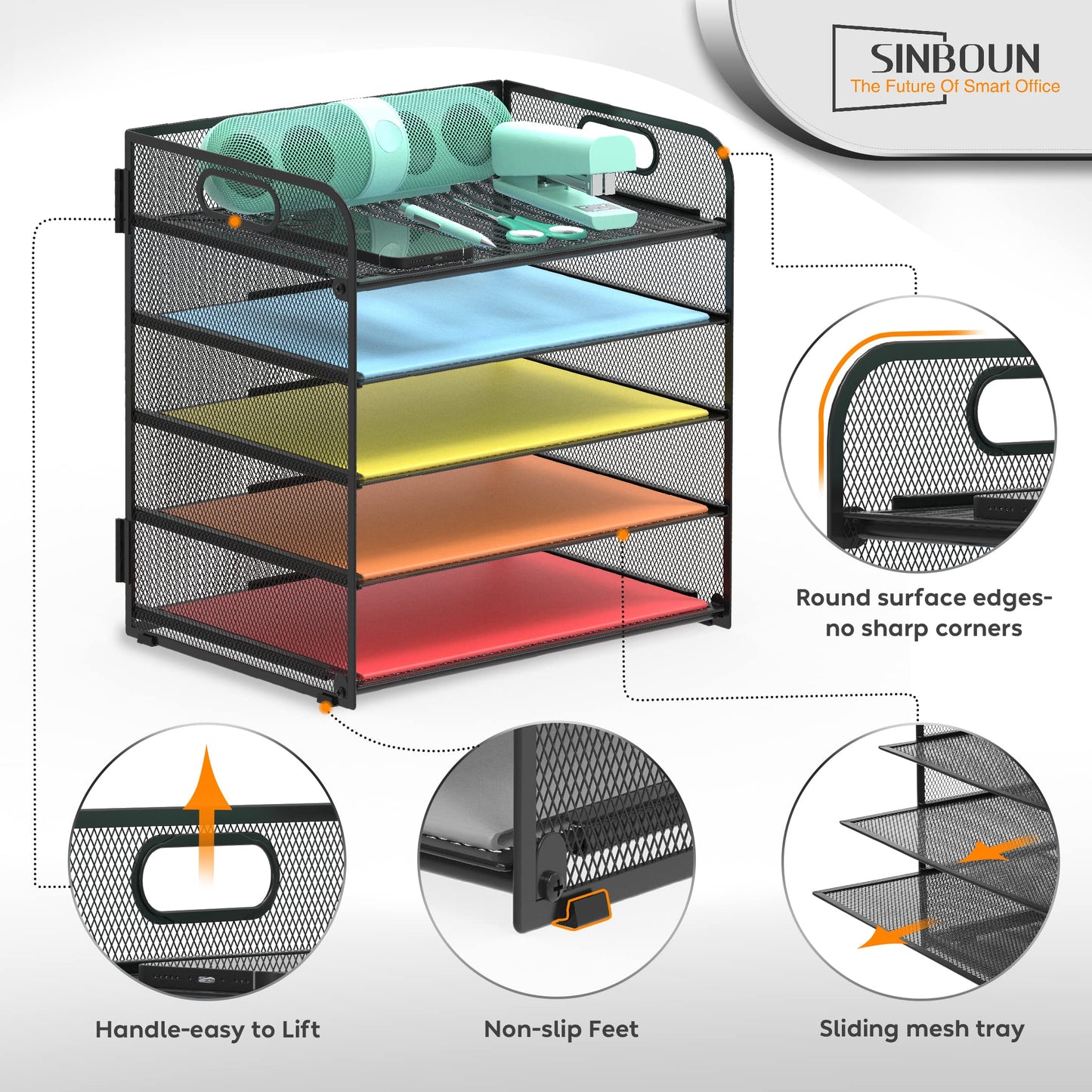 Letter Tray Paper Organizer 5-Tier Desk Organizer File Organizer Paper Holder with Handle, Metal Desktop Document Shelf Tray Office Classroom Organization - Black