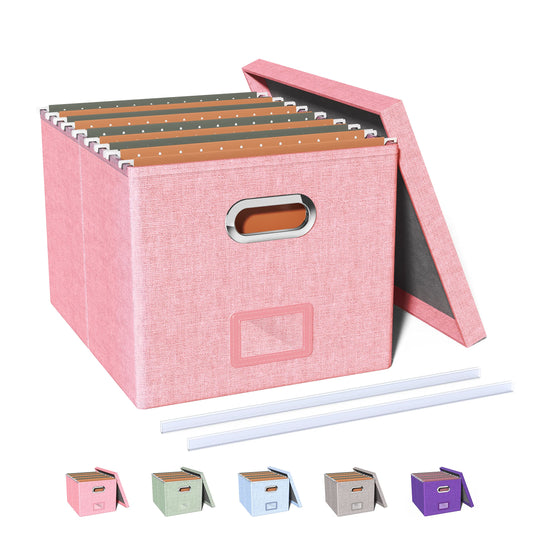 Portable File Storage Organizer Box,Filing Box with Lid,Fit for Letter/Legal File Folder Storage, Easy Slide Durable Hanging File Box for Office/Decor/Home,1 Pack,Pink-Box only