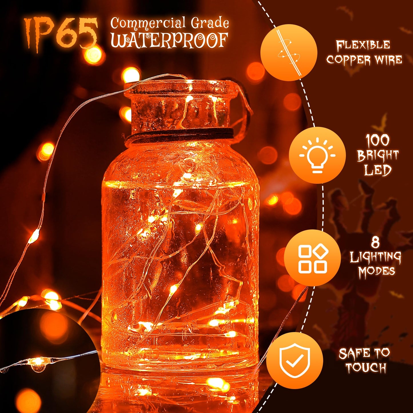 Solar Halloween Lights Outdoor,2 Pack Each 33Ft 100LED Orange Halloween Lights,Copper Wire Solar Powered Fairy String Lights 8 Modes for Garden,Tree,Thanksgiving,Christmas,Parties,Home Decor