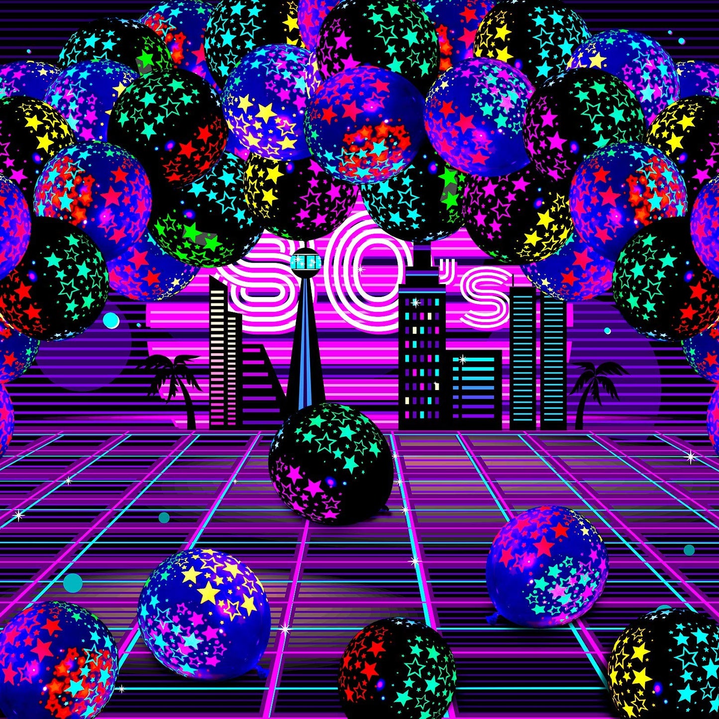 50 Pieces Neon Glow Balloons Neon Stars Glow in Blacklight Black Light Fluorescent Mini Stars Party Latex Balloons for Birthday Wedding Arch Party Decoration(Black, Clear)