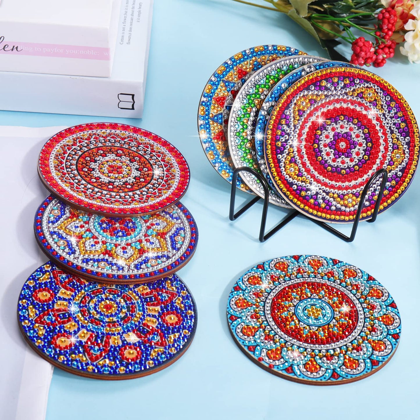 8 Pcs Coasters with Holder, Mandala DIY Diamond Art Crafts for Adults, Small Diamond Painting Kits Accessories