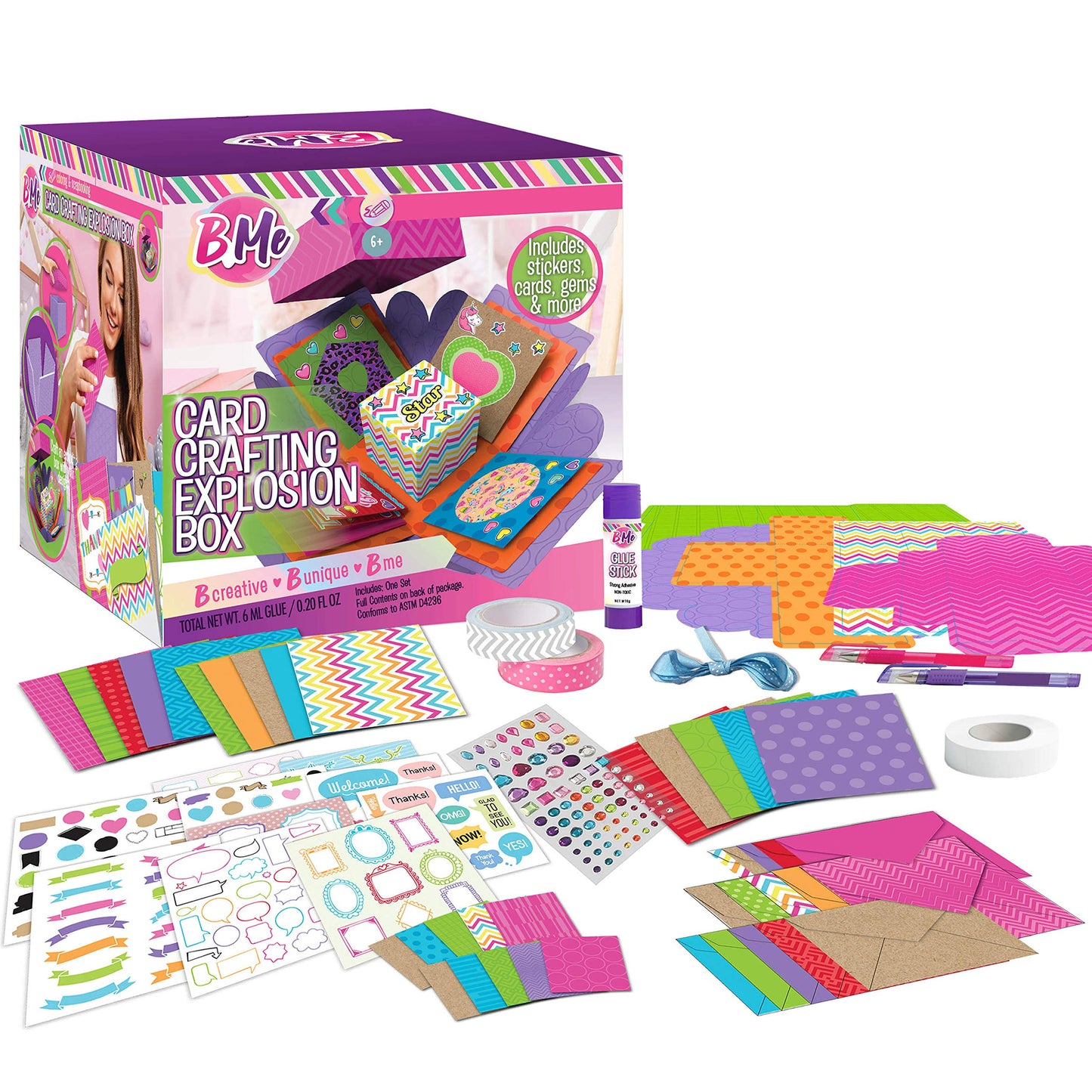 B Me Card Making Kit for Kids - Arts and Crafts Box - DIY Holiday, Birthday Cards Stationary Set – Jel Pens, Sticker Sheets, Gems, Envelope, Ribbon, Tape - Crafts Age 6+
