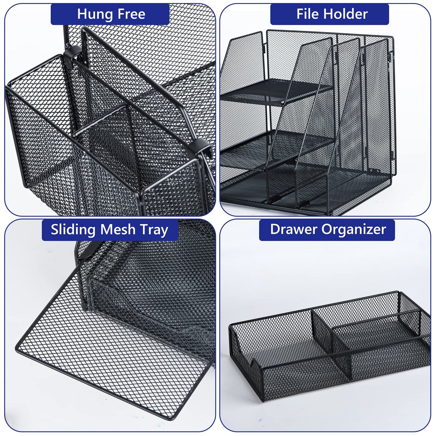 Desk Organizer, File Organizer for Desk with 2-Tier Paper Letter Tray, Drawer and 2 Pen Holder, Mesh Desktop Organization with Magazine Holder for Office Supplies