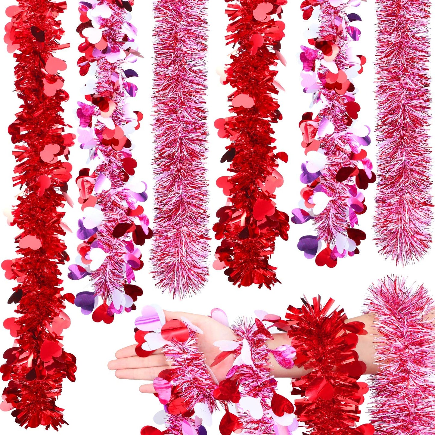 6 Pcs Valentine's Day Tinsel Garland Total 39ft Red and White Heart Metallic Garland Decor Valentines Heart Twist Tinsel for Mantle Wedding Party Decoration Supply