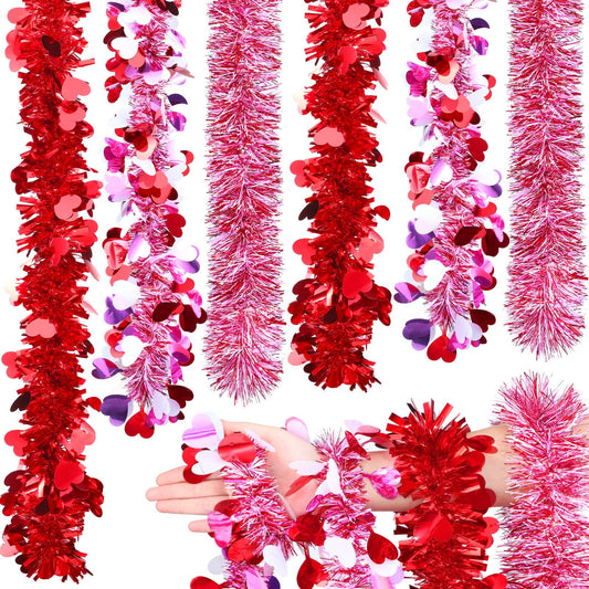 6 Pcs Valentine's Day Tinsel Garland Total 39ft Red and White Heart Metallic Garland Decor Valentines Heart Twist Tinsel for Mantle Wedding Party Decoration Supply