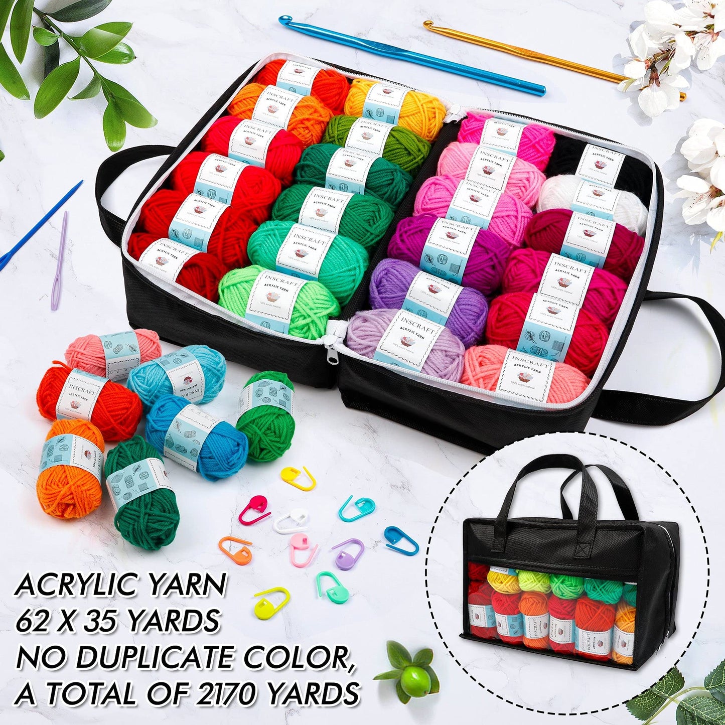 62 Acrylic Yarn Skeins, 2170 Yards Yarn for Knitting and Crochet, Includes 2 Crochet Hooks,2 Weaving Needles,10 Stitch Markers, Perfect Beginner Kit for for Adults Kids