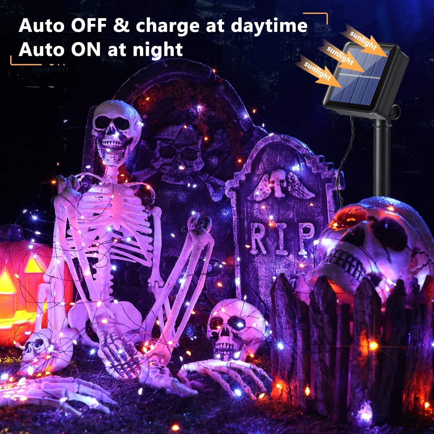 Orange & Purple Halloween Lights, 2 Pack Total 78ft 240 LED Orange Lights, Purple Solar Halloween Lights 8 Modes, Outdoor Twinkle Orange Halloween String Lights Black Wire for Halloween Decor