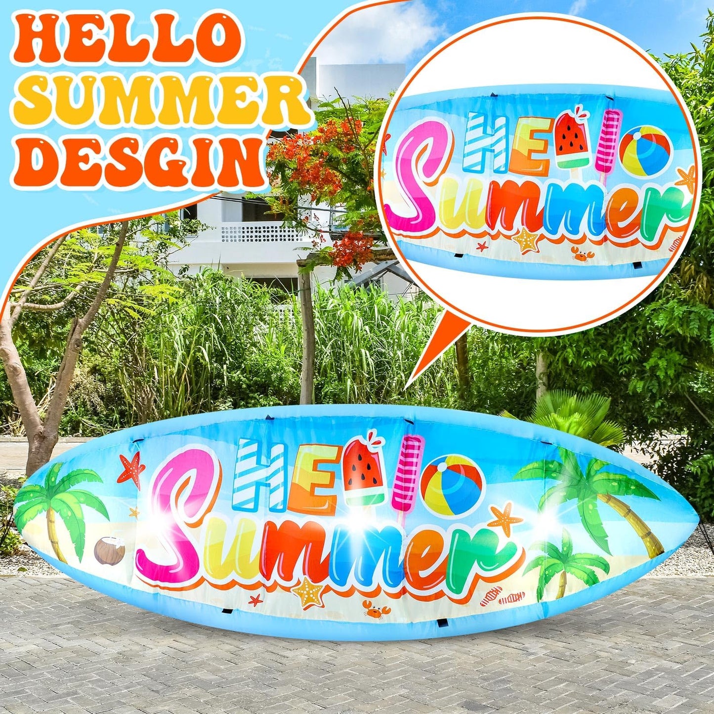 5 FT Hello Summer Surfboard Inflatable, Outdoor Blow Up Yard Decoration with Built-in 3 LED Lights, Summer Luau Party Decorations for Pool Holiday Garden Lawn Patio Tropical Beach