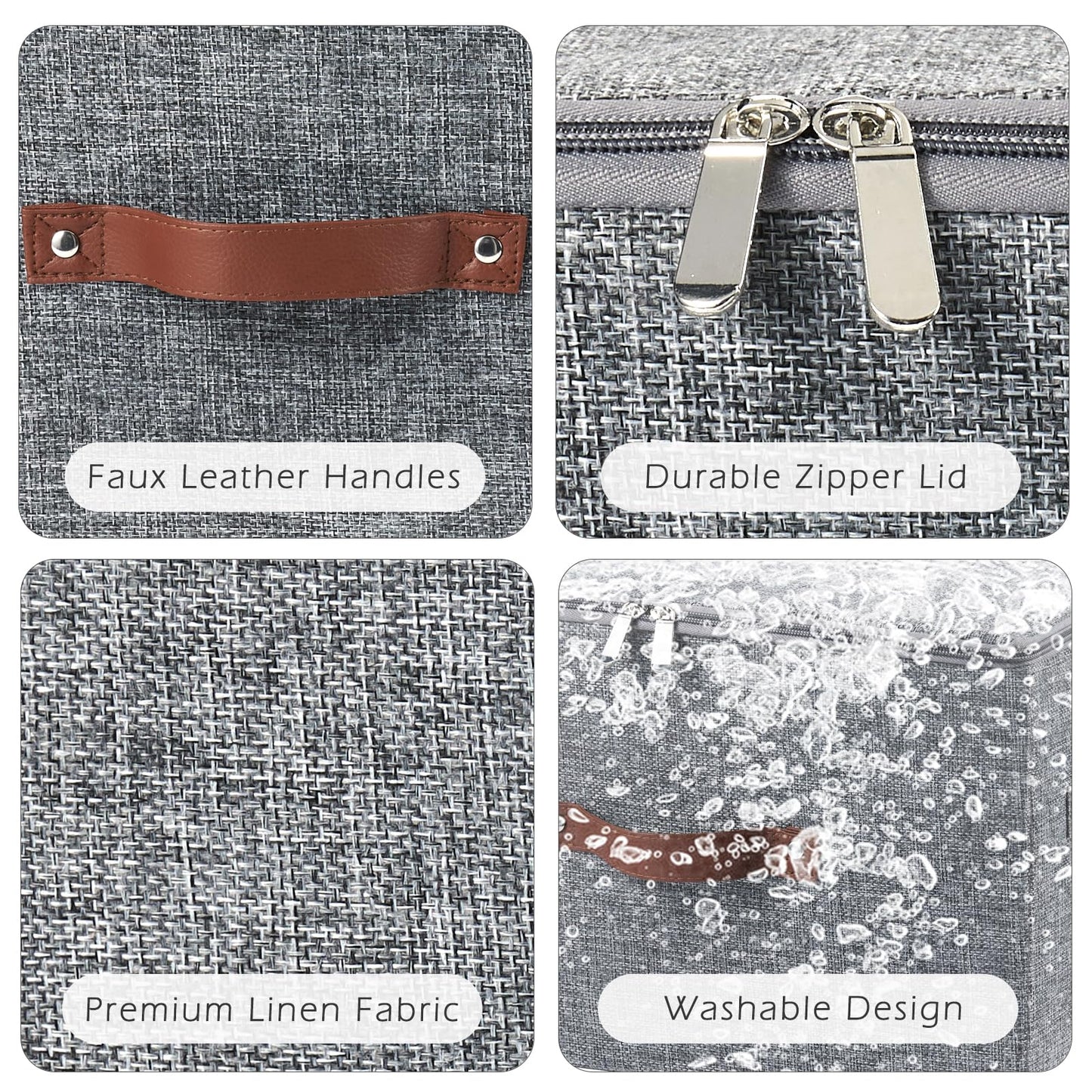 Storage Bins with Zipper Lid Cotton Linen Fabric Lidded Storage Baskets Boxes Foldable Washable Closet Shelf Clothes Organizer Container with PU Leather Handles (Gray, Small Size)