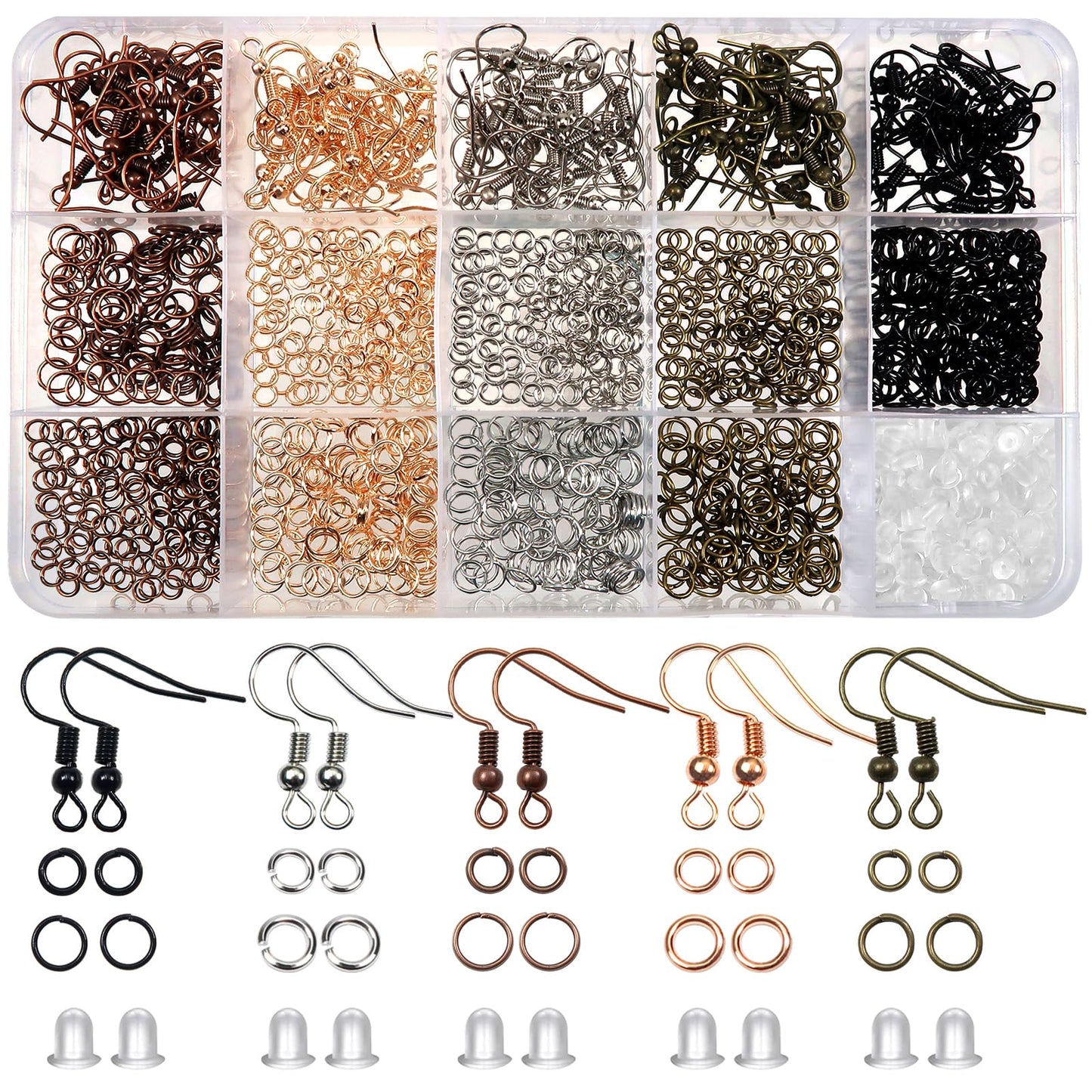 150pcs Hypoallergenic Earring Hooks Mixed Colors Ear Wire Hooks Earring Making Kit with 1000pcs Open Jump Rings 200pcs Earring Backs for Jewelry Making Findings