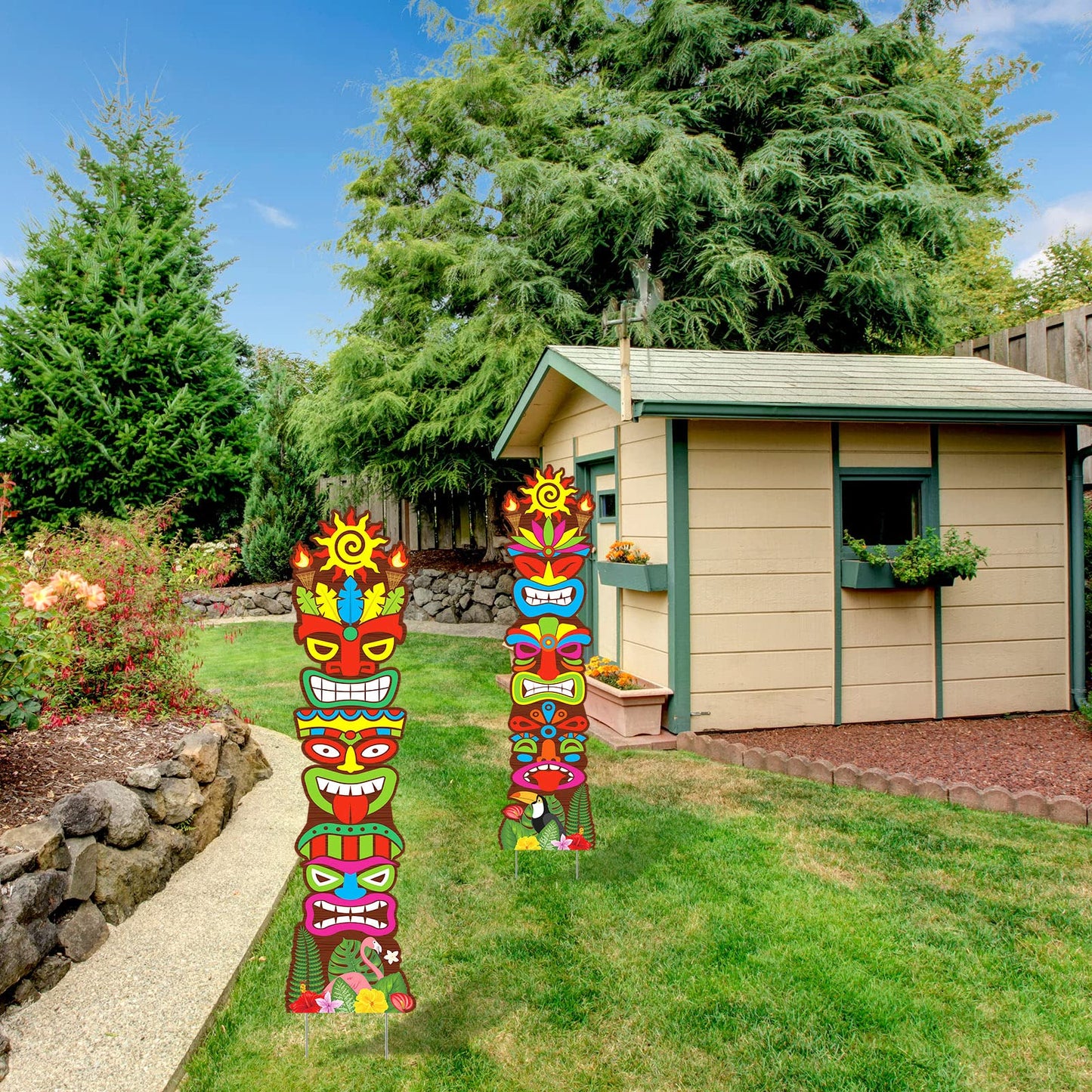 2 Pcs Tiki Yard Sign Luau Hawaiian Tropical Party Decoration Outdoor Tiki Bar Sign with Stakes for Summer