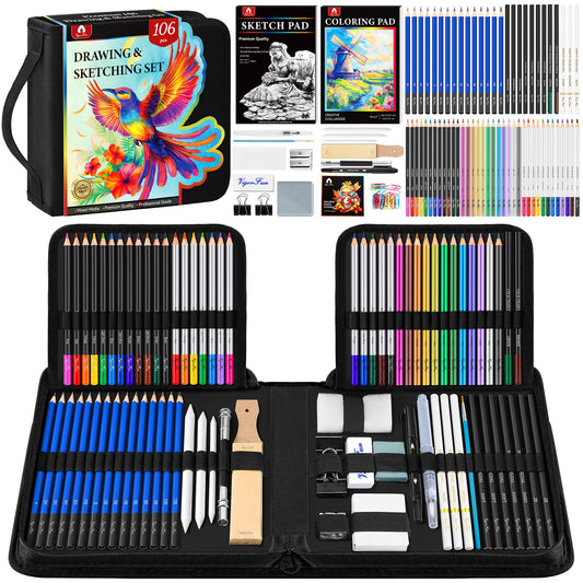 106 PCS Art Supplies Sketching Kit, Pro Drawing Pencils with 3-Color Sketchbook, Coloring Book, Colored Graphite Charcoal Watercolor & Metallic Pencils, Drawing Supplies Gifts for Artists Adults Kids