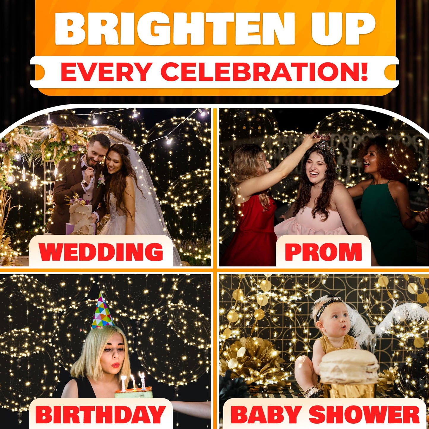 10 Pcs LED Balloons Light Up Balloons for Parties – Clear & Elastic Expands Up to 18" with Gold String Lights & Individual Switch – Glowing Party Decorations for Indoor & Outdoor Events