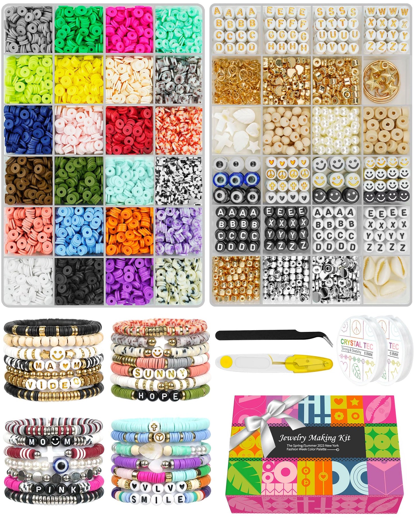 7500 Pcs Clay Beads Bracelet Making Kit, 2 Boxes 24 Colors Polymer Heishi Beads for Jewerly Making, Alphabet Letter Spacer Smile Face Evil Eyes Beads, Craft Gift for Kids Teens Adults
