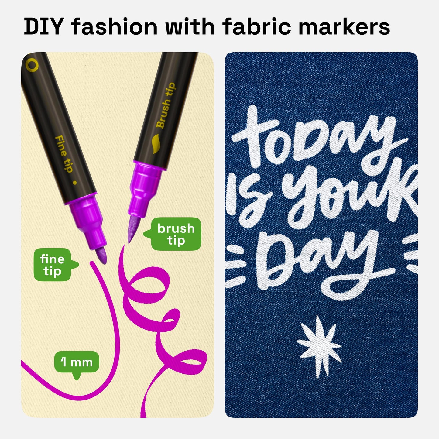 24 Dual-Tip Fabric Markers - Fabric Decorating Kit - Permanent for Clothes - No Bleed Pens for T-Shirts, Bags, Textile, Canvas, and More (Brush Tip and Fine Tip)