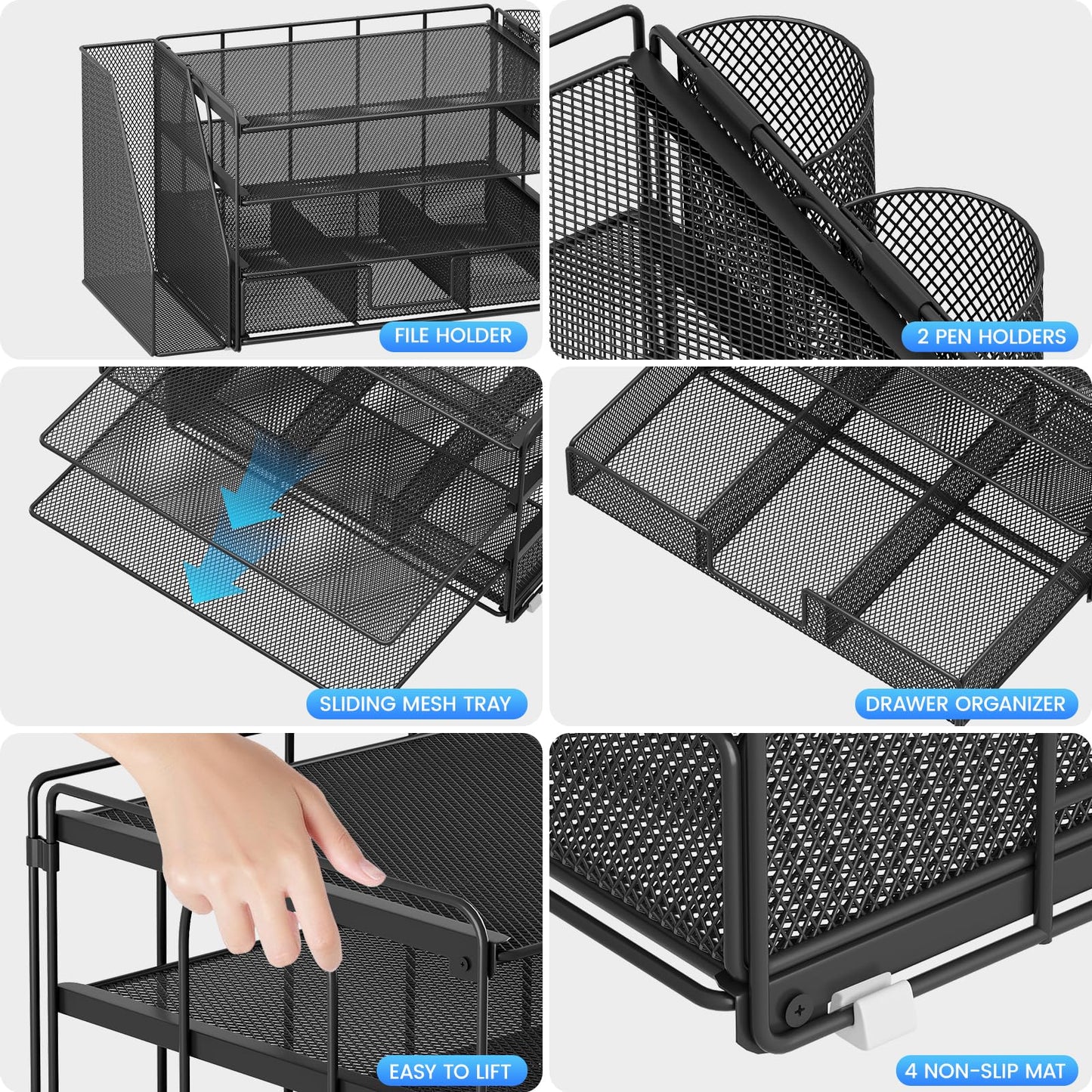 Desk Organizer and Accessories, 4-Tier Desktop File Organizer with Drawer and 2 Pen Holders, Office Desk Accessories for Office Supplies(Black)