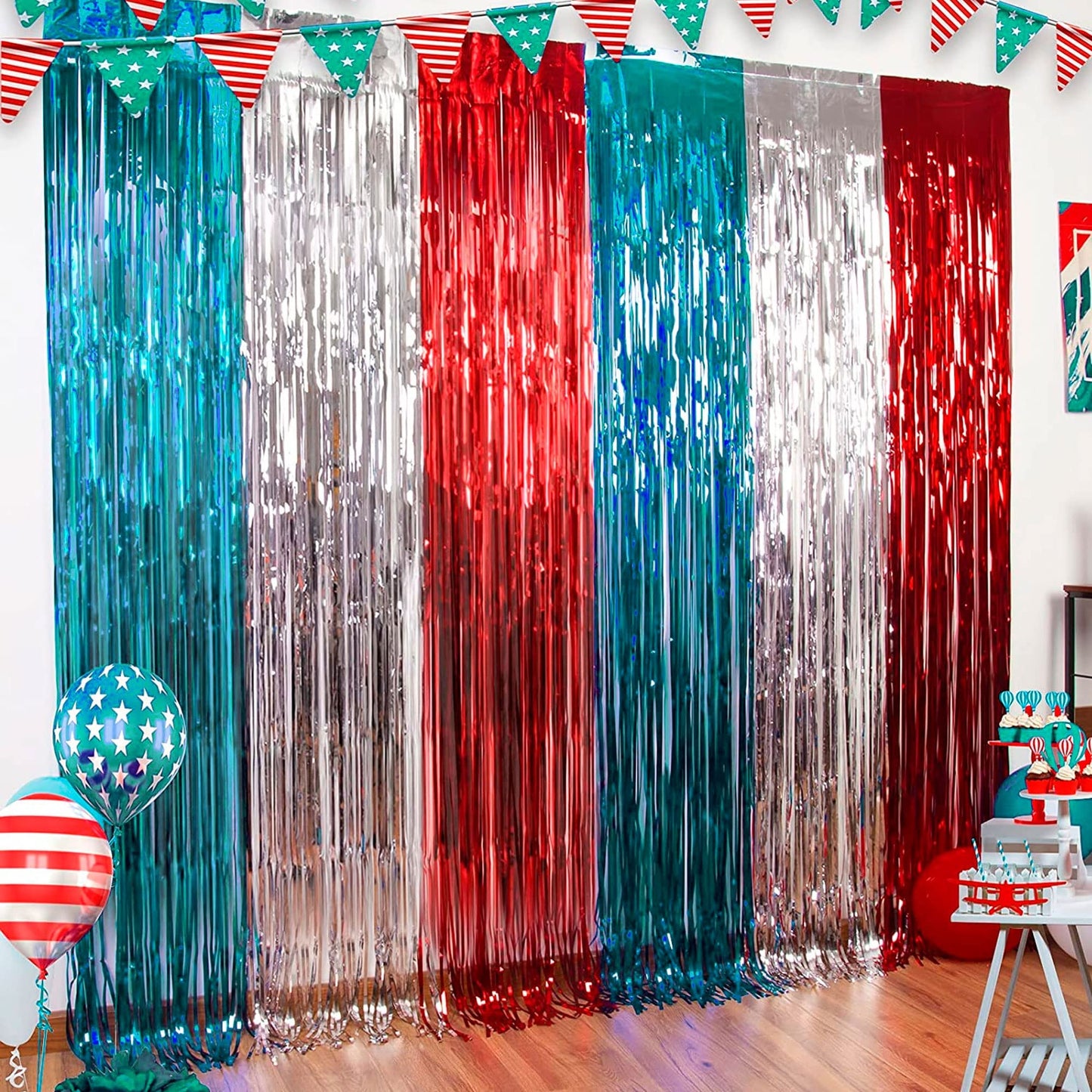 2 Pack Backdrop Curtain, 3FT x 8FT Metallic Tinsel Foil Fringe Curtains Photo Booth Background for Baby Shower Party Birthday Wedding Engagement Bridal Shower (Blue)
