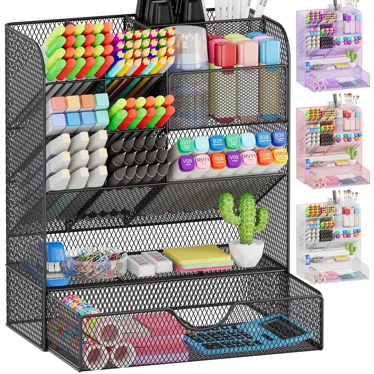 Desk Organizers and Accessories, Pen Holder for Desk Organizer with Drawer, Pencil Holder Office Desk Accessories Workspace Desktop Organizer for School Home Office Art Supplies(Black)