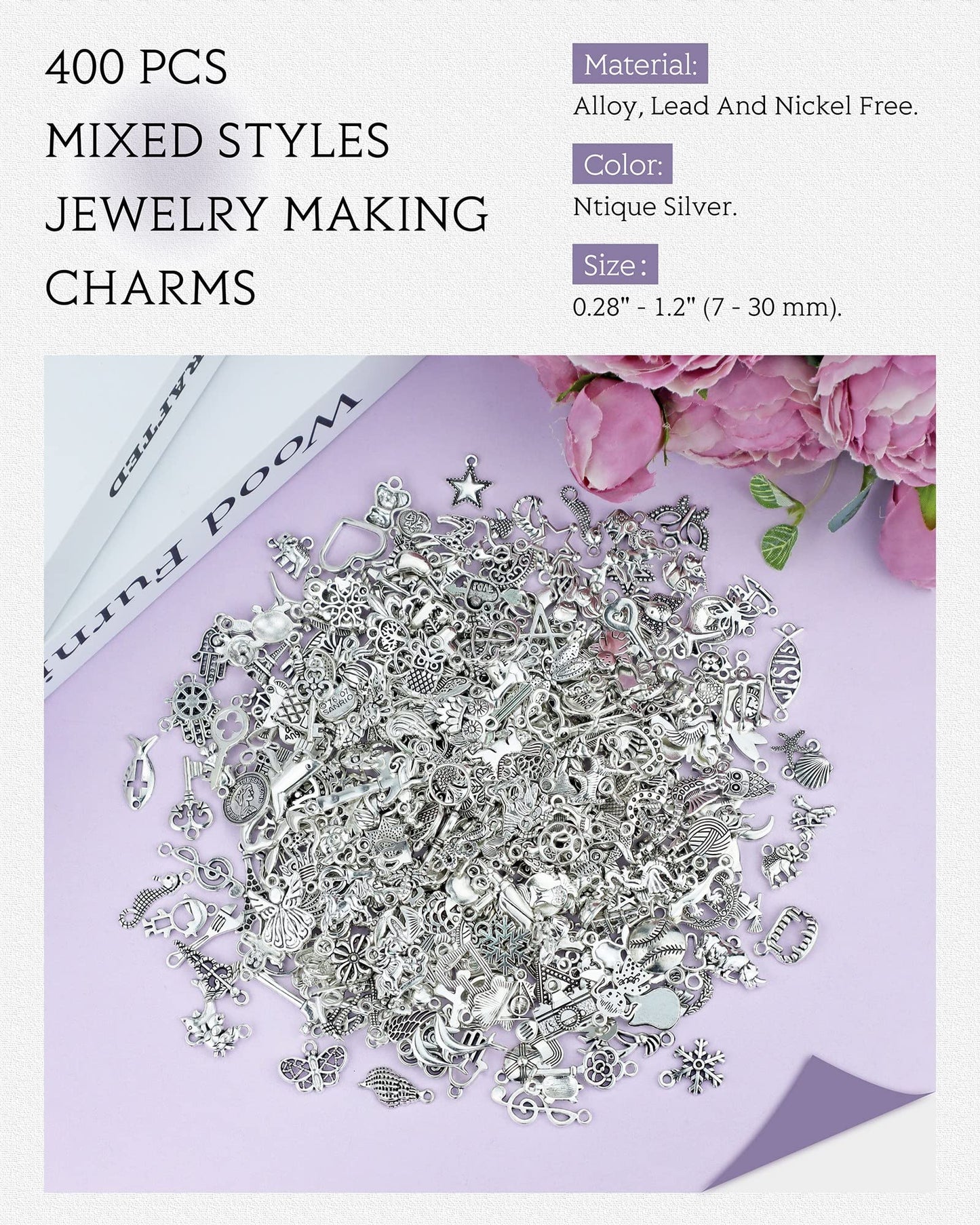 400 PCS Wholesale Bulk Lots Jewelry Making Charms Mixed Smooth Tibetan Silver Alloy Charms Pendants DIY for Bracelet Necklace Jewelry Making and Crafting