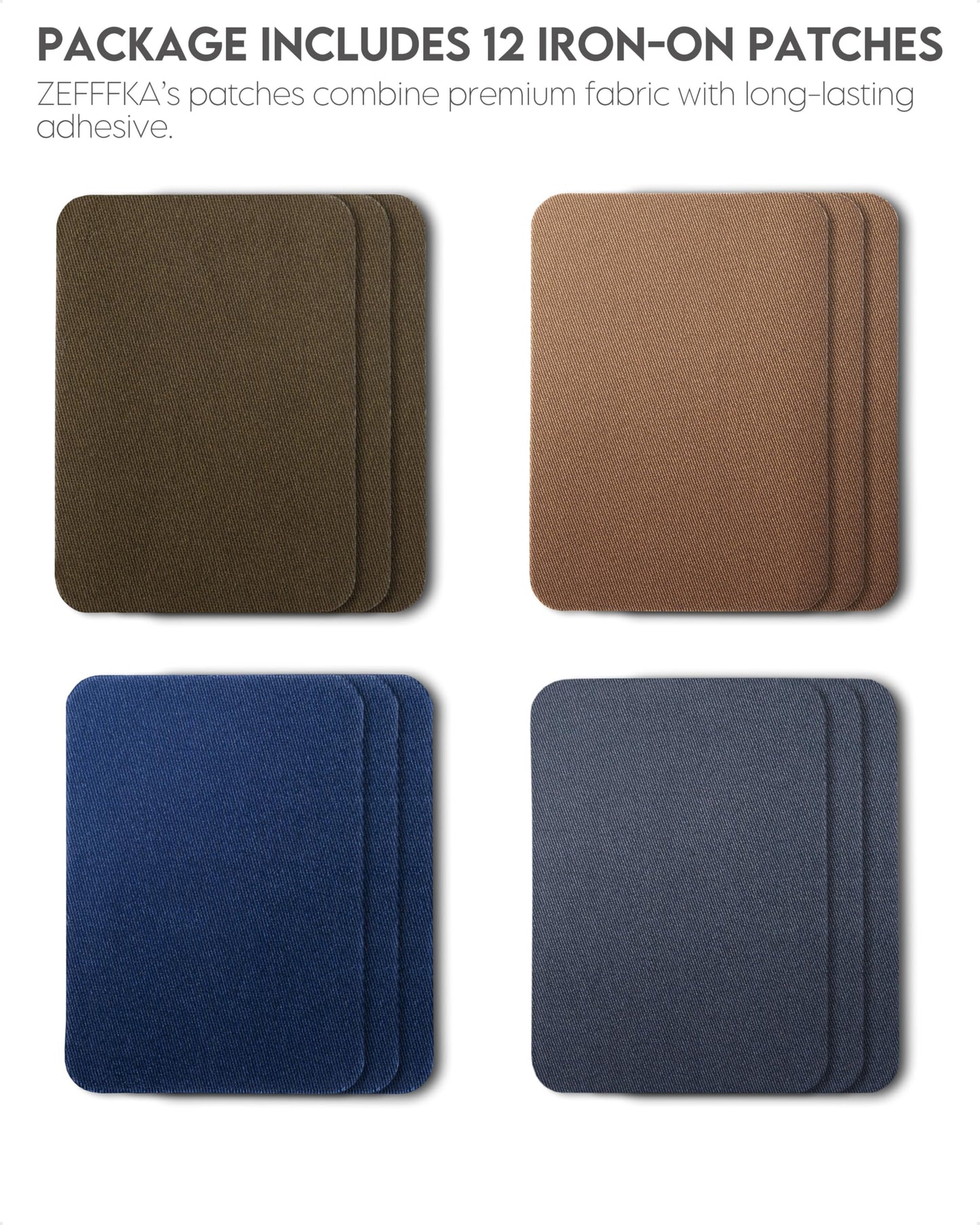 Premium Quality Fabric Iron-on Patches Inside & Outside Strongest Glue 100% Cotton Deep Blue Khaki Gray Brown Repair Decorating Kit 12 Pieces Size 3" by 4-1/4" (7.5 cm x 10.5 cm)
