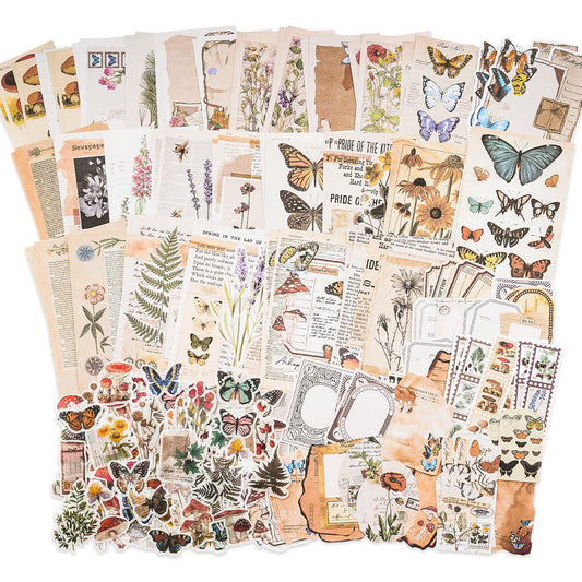 Vintage Scrapbook Supplies Pack (200 Pieces) for Junk Journal Bullet Journals Planners Botanical Paper Stickers Craft Kits Aesthetic Cottagecore Collage Album (Nature)