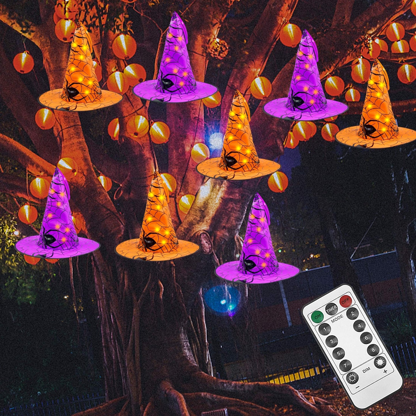 Halloween Decorations 8 Pcs Lighted Hanging Witch Hats, 14ft 56 LEDs Halloween Indoor Outdoor Remote Control String Lights, Battery Powered with 8 Lighting Modes for Garden, Yard, Tree