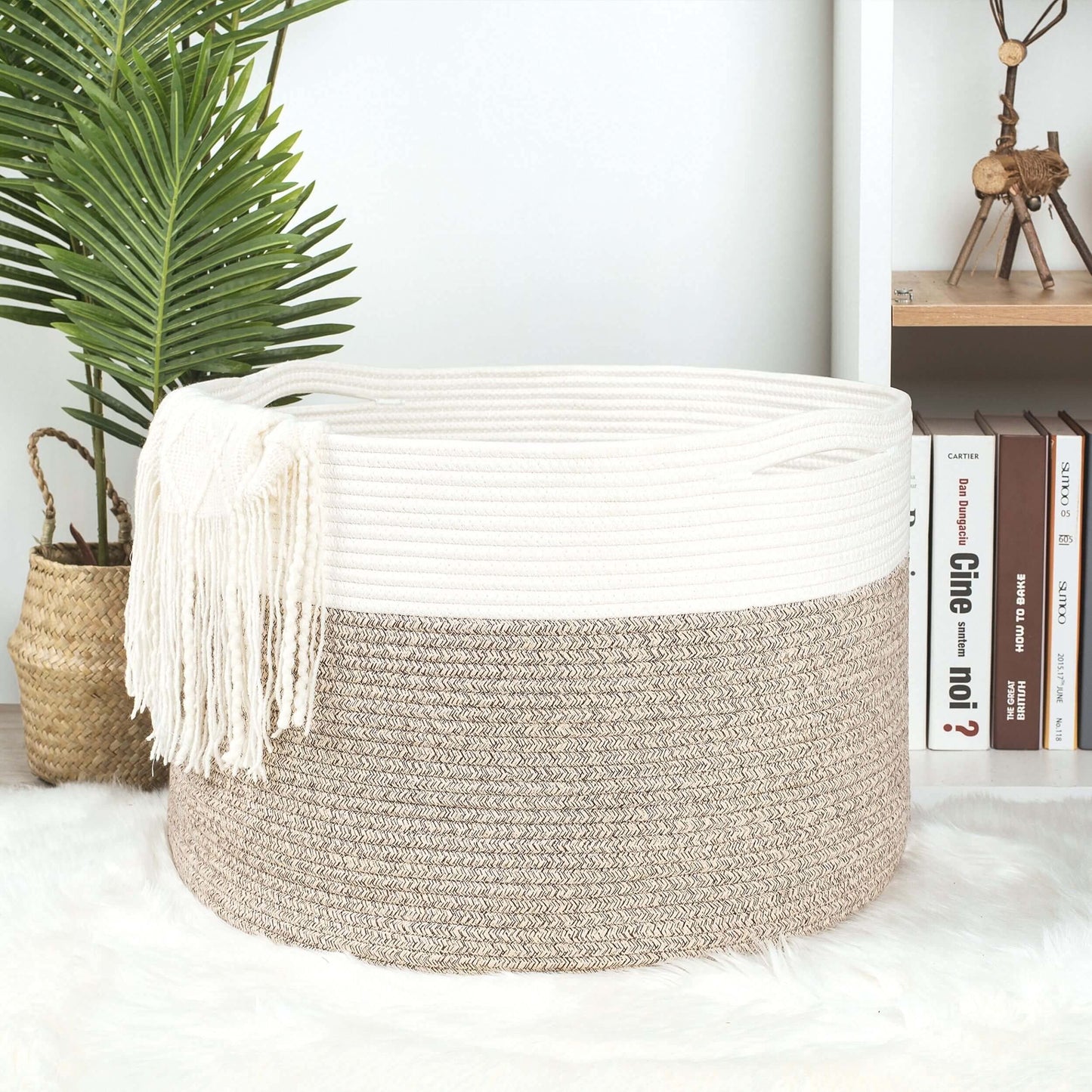 Design Extra Large 22 x 14in Decorative Blanket Basket for Living Room, Laundry Basket, Woven Cotton Rope Basket, Dog Toy Storage Bin Baskets, Round Basket for Pillows Towels, Light Brown