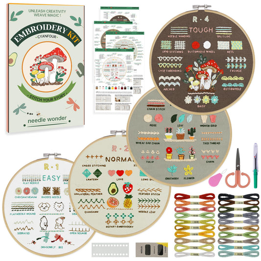 4 Stage Beginners Embroidery Kit for Adults, Easy to Learn 38 Different Stitches from Instruction & Video, Needlepoint Kits for Adults with Stamped Embroidery Patterns