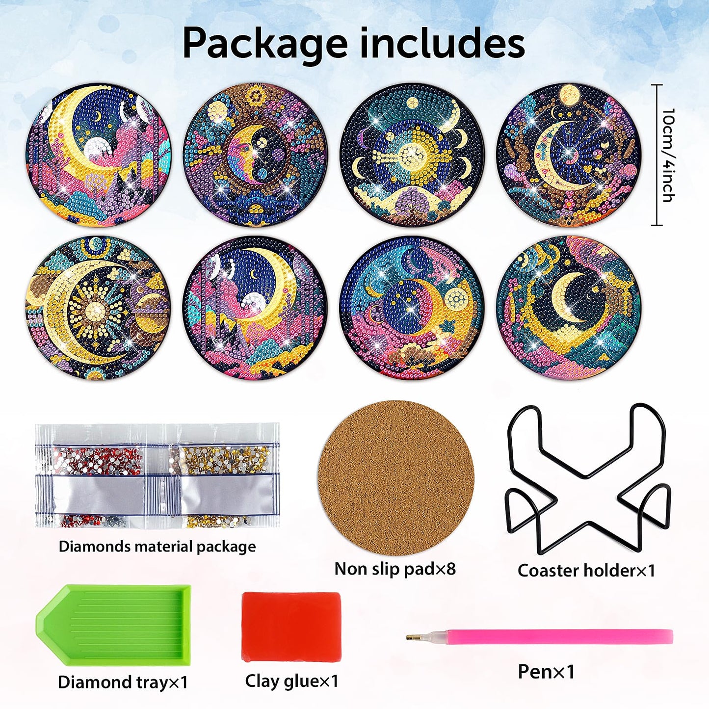 8 PCS Mystical Moon Diamond Art Coasters Diamond Art Coasters Kits with Holder Mystical Moon DIY Coasters for Beginners, Adults, Kids, Diamond Art Crafts Supplies