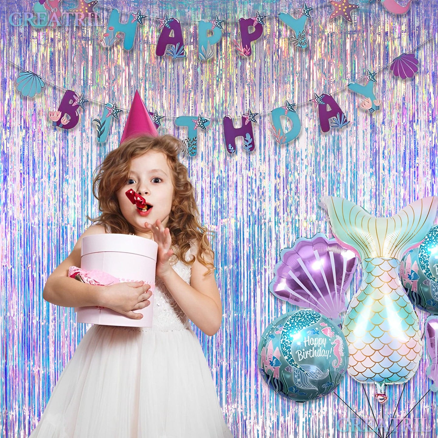 Iridescent Party Streamers Backdrop Neon Transparent Holographic Tinsel Foil Fringe Curtain for Mermaid/Frozen/Sea/Euphoria/ERAS Party Theme Decorations 2 PCS