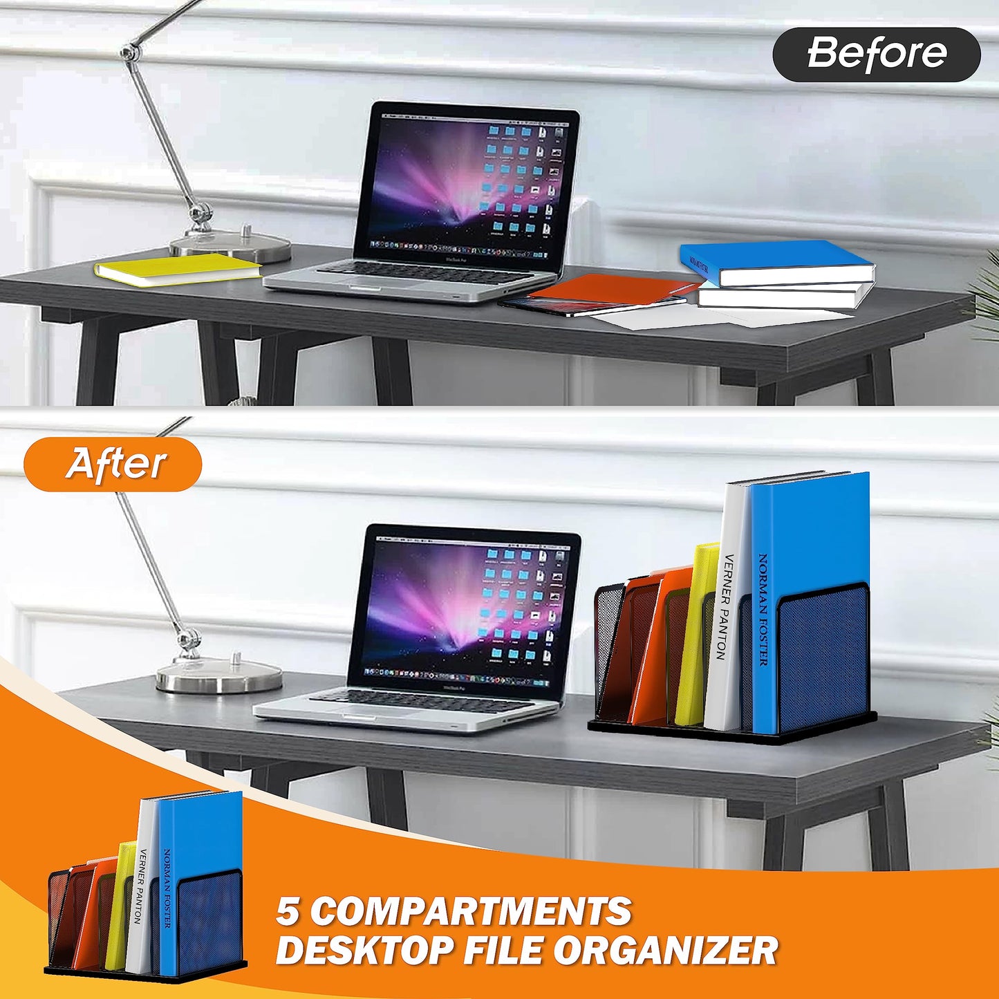Desk File Organizer 5 Sections Upright Mesh Desktop Organizer File Sorter Office Organization File Holder for Home, Office & Classroom