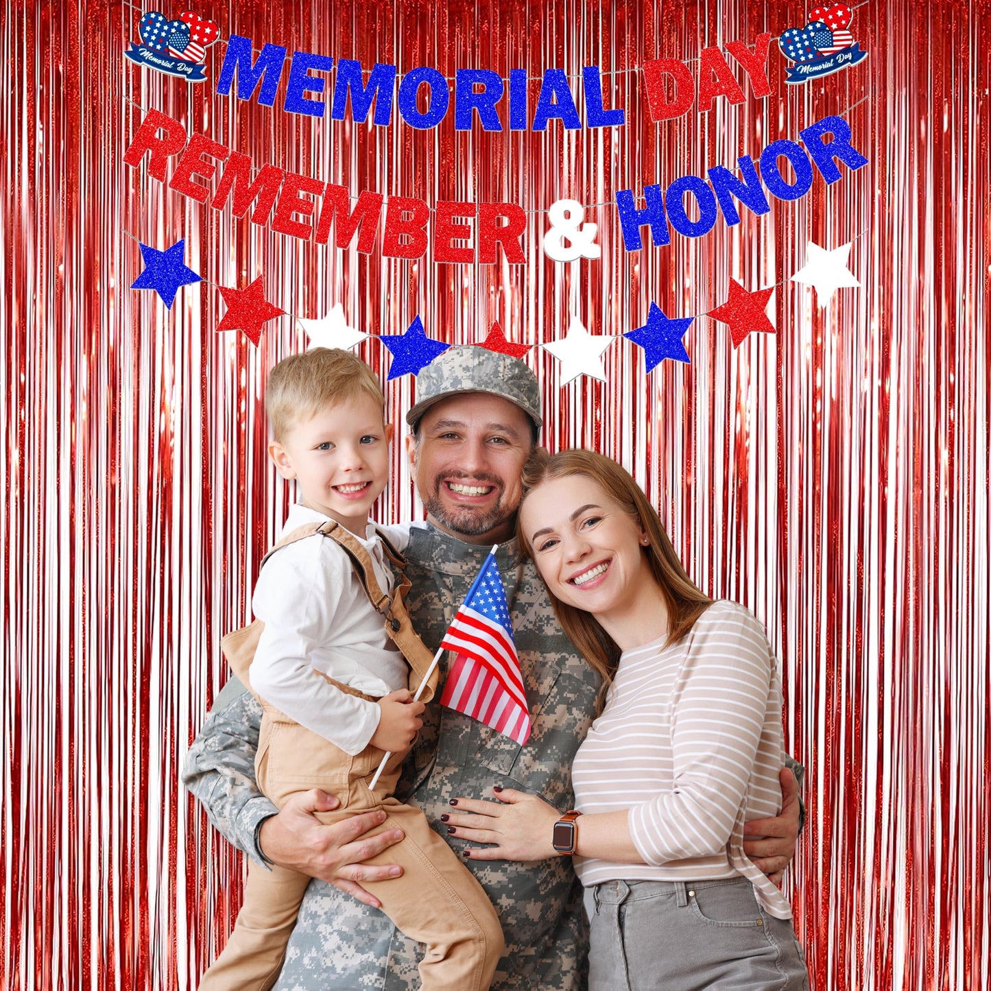 2 Pack Red Tinsel Foil Fringe Curtains Backdrop, Sparkle Tinsel Backdrop Curtains for Memorial Day Decorations Graduation Class of 2025 Birthday Party Decorations