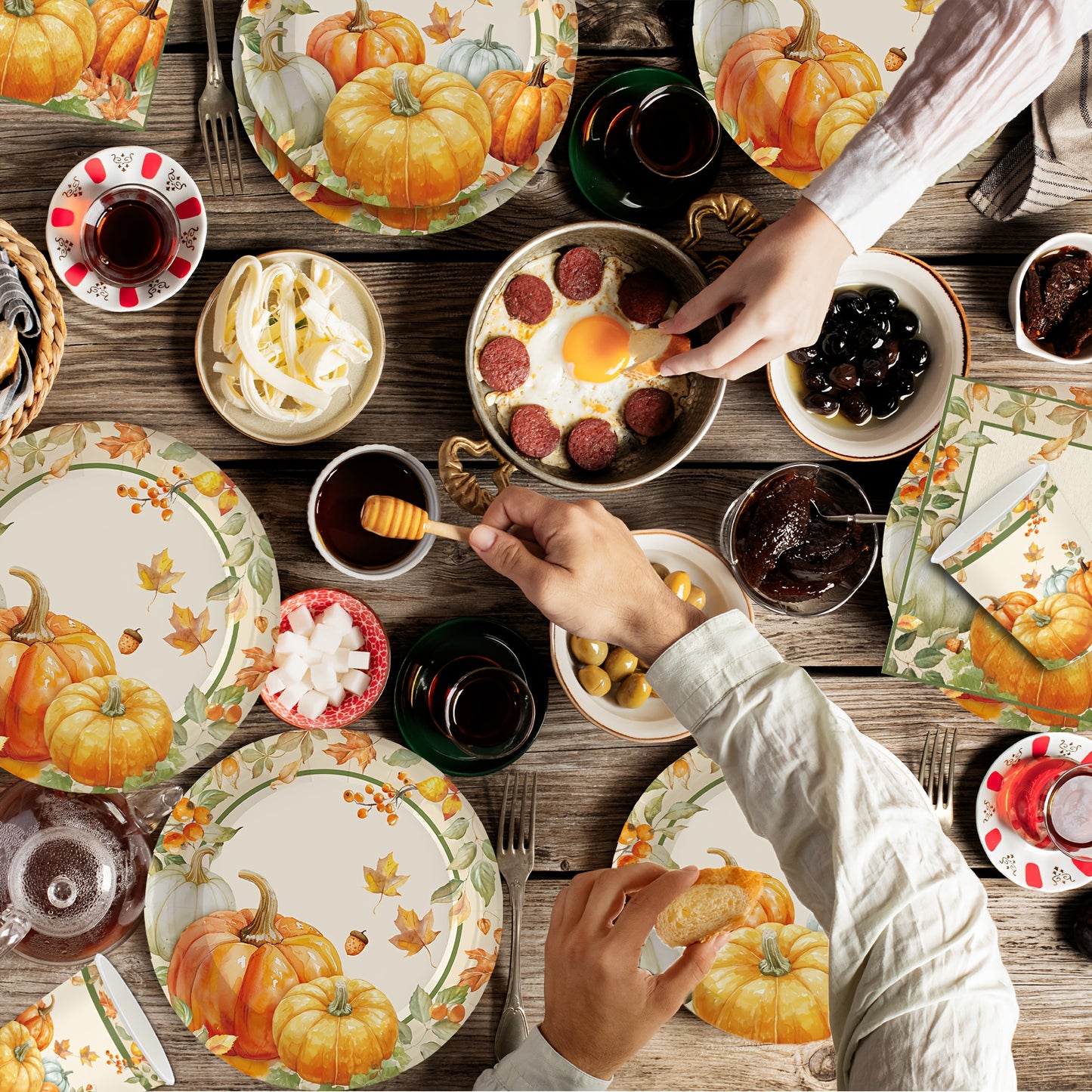 140-Pc Fall Party Tableware Set - Thanksgiving Pumpkin & Maple Leaf Plates, Napkins for 20 Guests - Disposable Dinnerware for Halloween, Autumn Birthday Decor