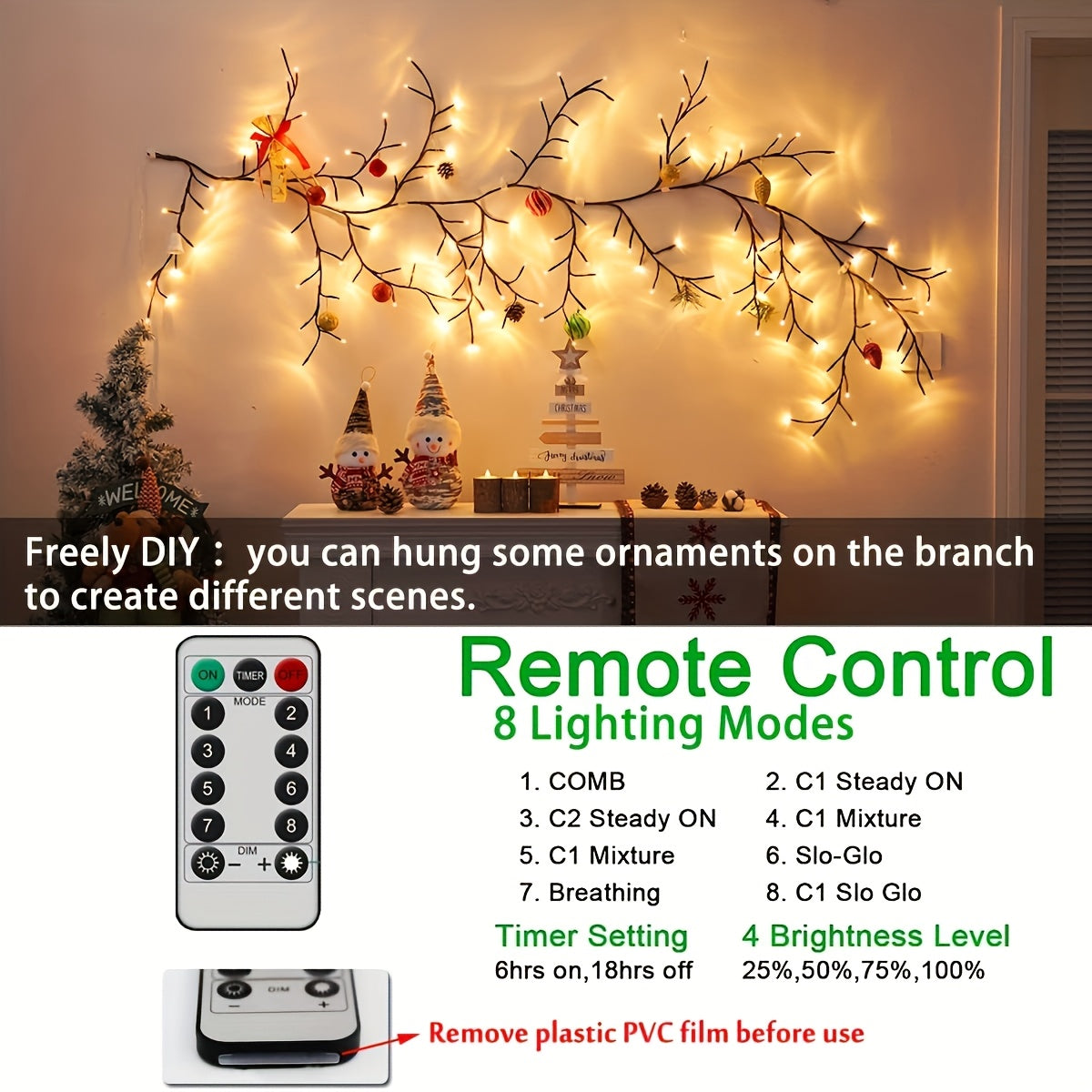 2-Pack 6-Foot Flexible Brown Vine Lights - 96 LEDs, USB Powered