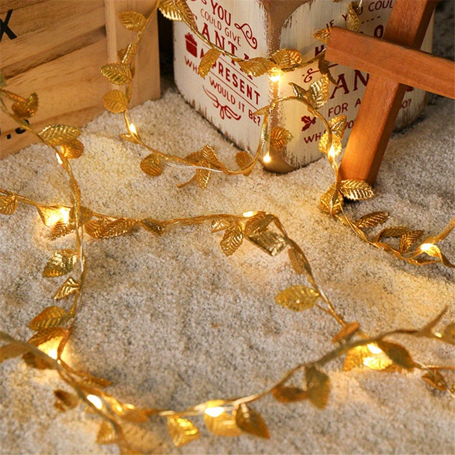 16ft 50LED Golden Artificial Plant Leaf Fairy Lights for Garden Decor