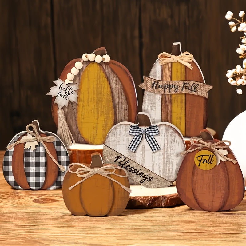 Set of 6 Wooden Fall Tiered Tray Decor - Rustic Pumpkin & Autumn Sign Set for Farmhouse Thanksgiving Tabletop Displays