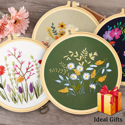 Embroidery Starter Kit with Hoop, Floral Pattern, Threads, Needles and Instructions