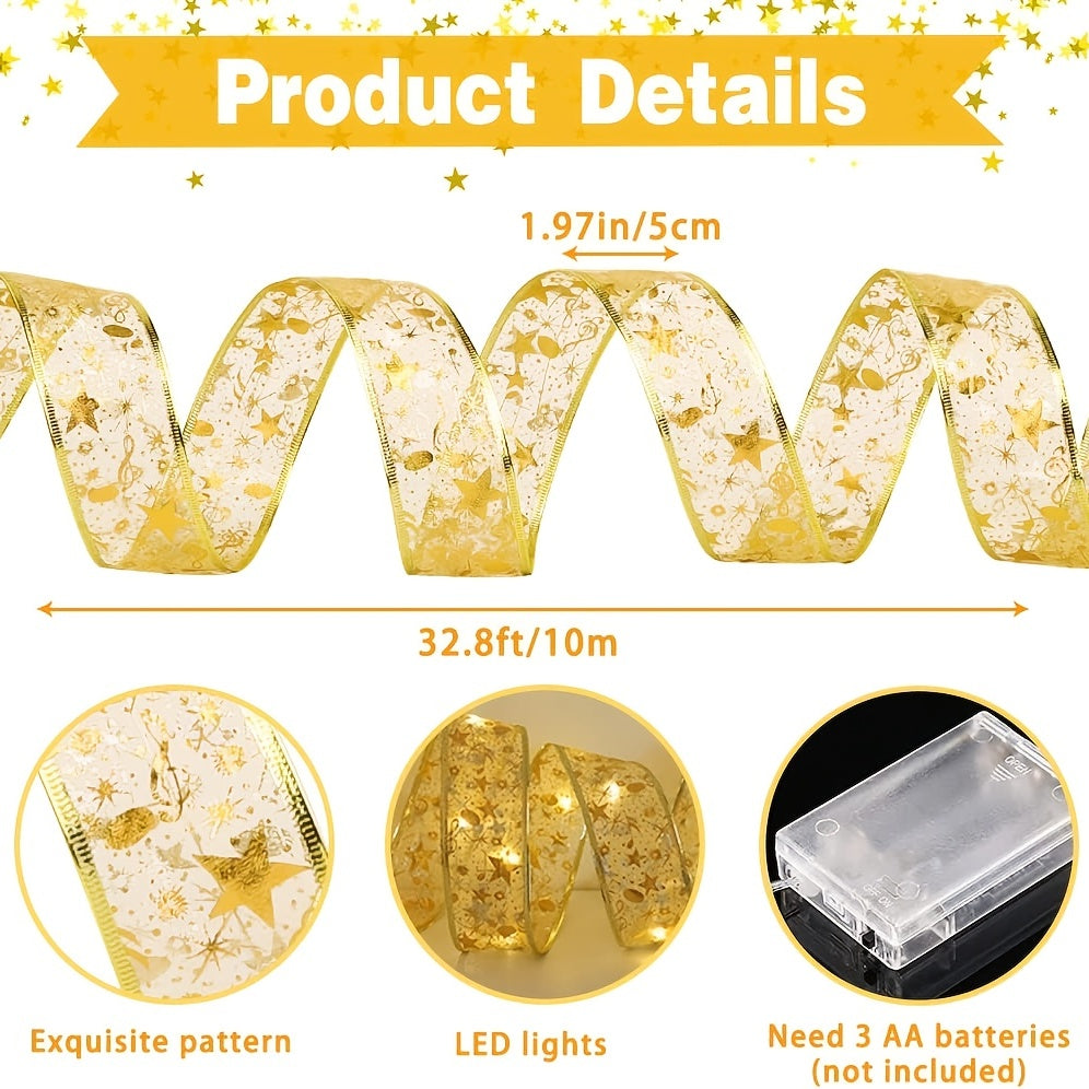 9.84 Foot Golden Christmas Ribbon Fairy Lights - Warm White LEDs