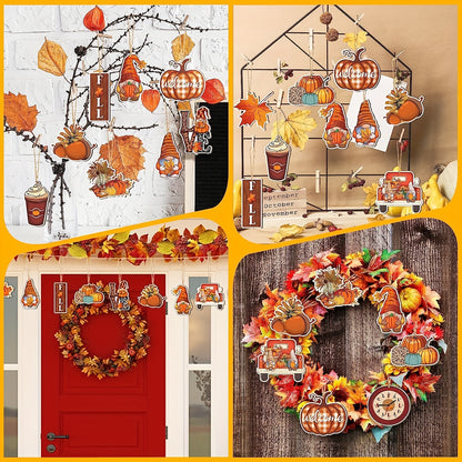 24-Pack Wooden Fall Hanging Decor - Pumpkin & Leaf Ornaments for Thanksgiving, Autumn Tree & Wall Decoration