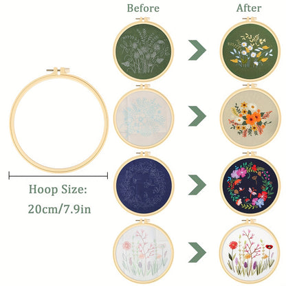 Embroidery Starter Kit with Hoop, Floral Pattern, Threads, Needles and Instructions