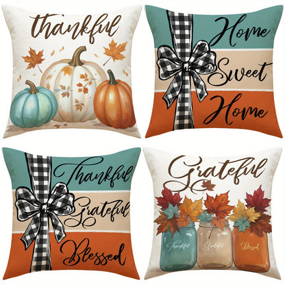 4PC Farmhouse Pumpkin Pillow Covers - Fall Thanksgiving Decor with Grateful Messages - 18x18 Inch Decorative Pillowcases No Inserts