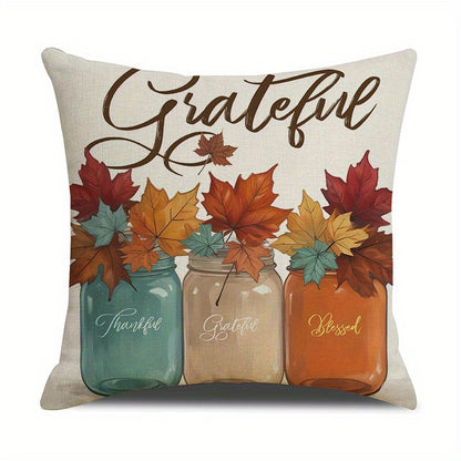 4PC Farmhouse Pumpkin Pillow Covers - Fall Thanksgiving Decor with Grateful Messages - 18x18 Inch Decorative Pillowcases No Inserts