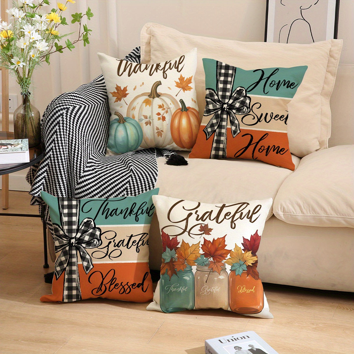 4PC Farmhouse Pumpkin Pillow Covers - Fall Thanksgiving Decor with Grateful Messages - 18x18 Inch Decorative Pillowcases No Inserts