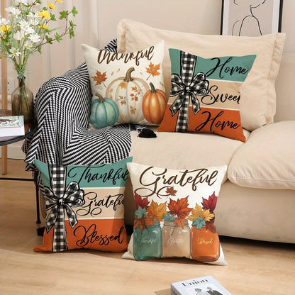 4PC Farmhouse Pumpkin Pillow Covers - Fall Thanksgiving Decor with Grateful Messages - 18x18 Inch Decorative Pillowcases No Inserts