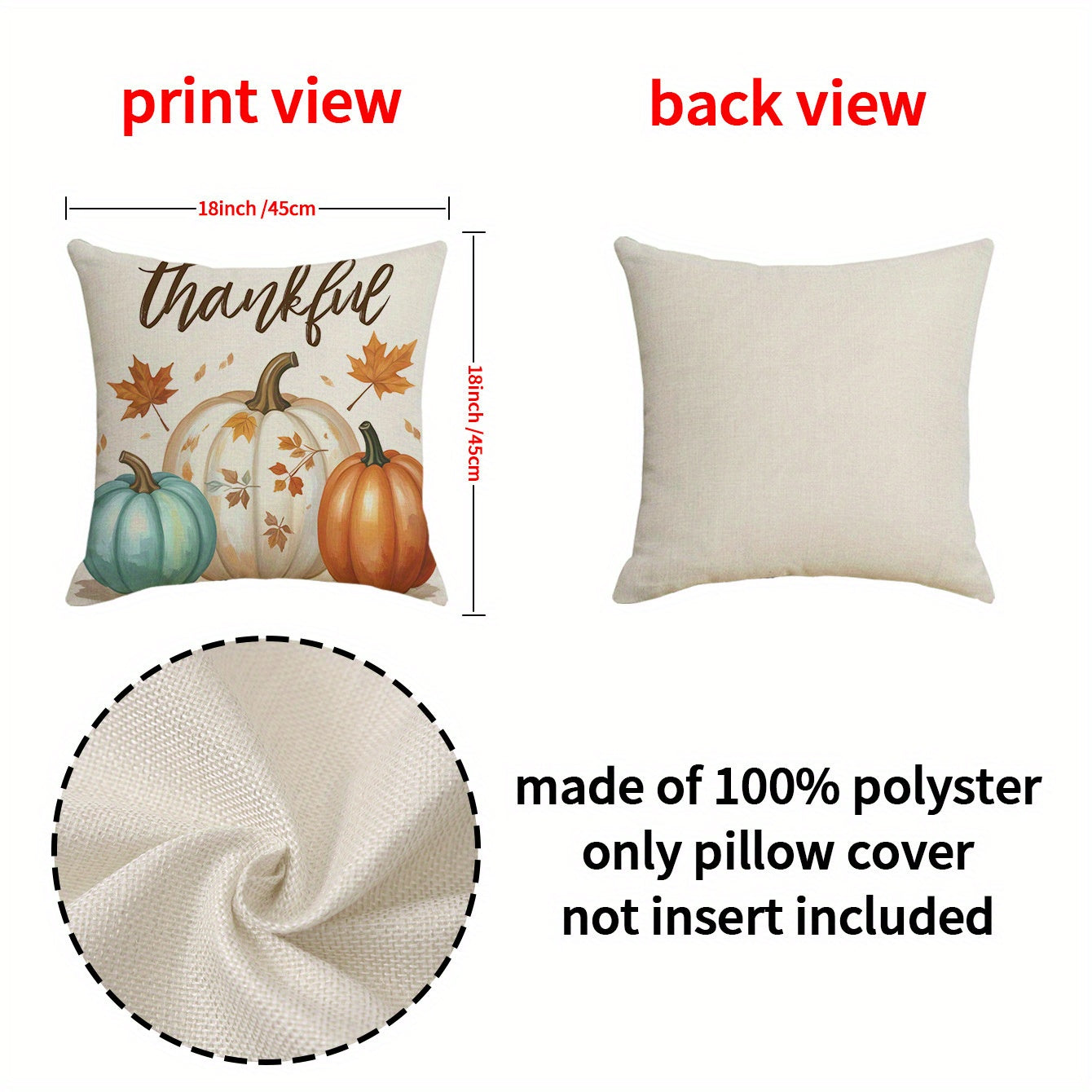 4PC Farmhouse Pumpkin Pillow Covers - Fall Thanksgiving Decor with Grateful Messages - 18x18 Inch Decorative Pillowcases No Inserts