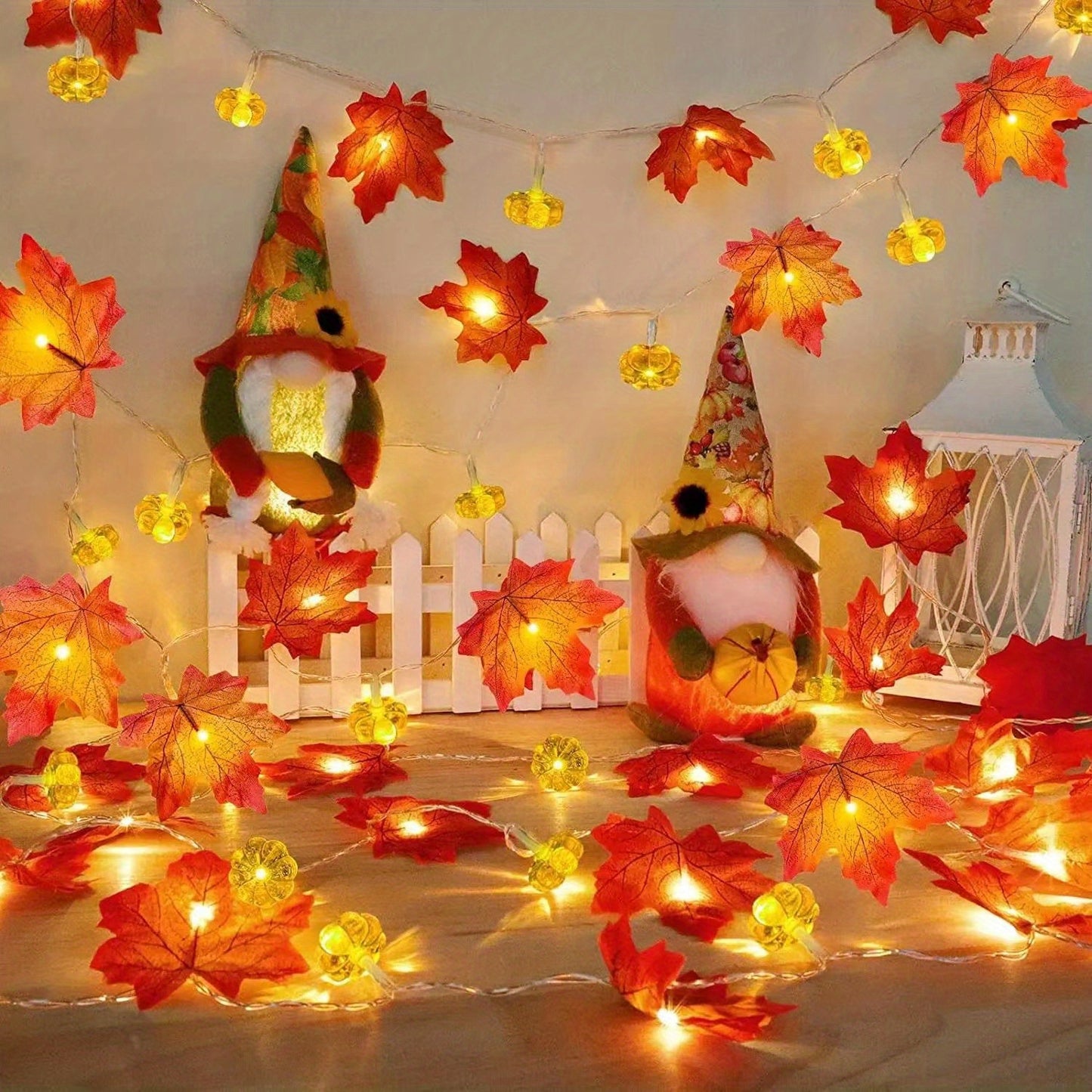 2-Pack Fall Pumpkin Garland Lights - 30ft 60LED Battery Operated String Lights with Realistic Maple Leaves for Thanksgiving & Halloween Decor