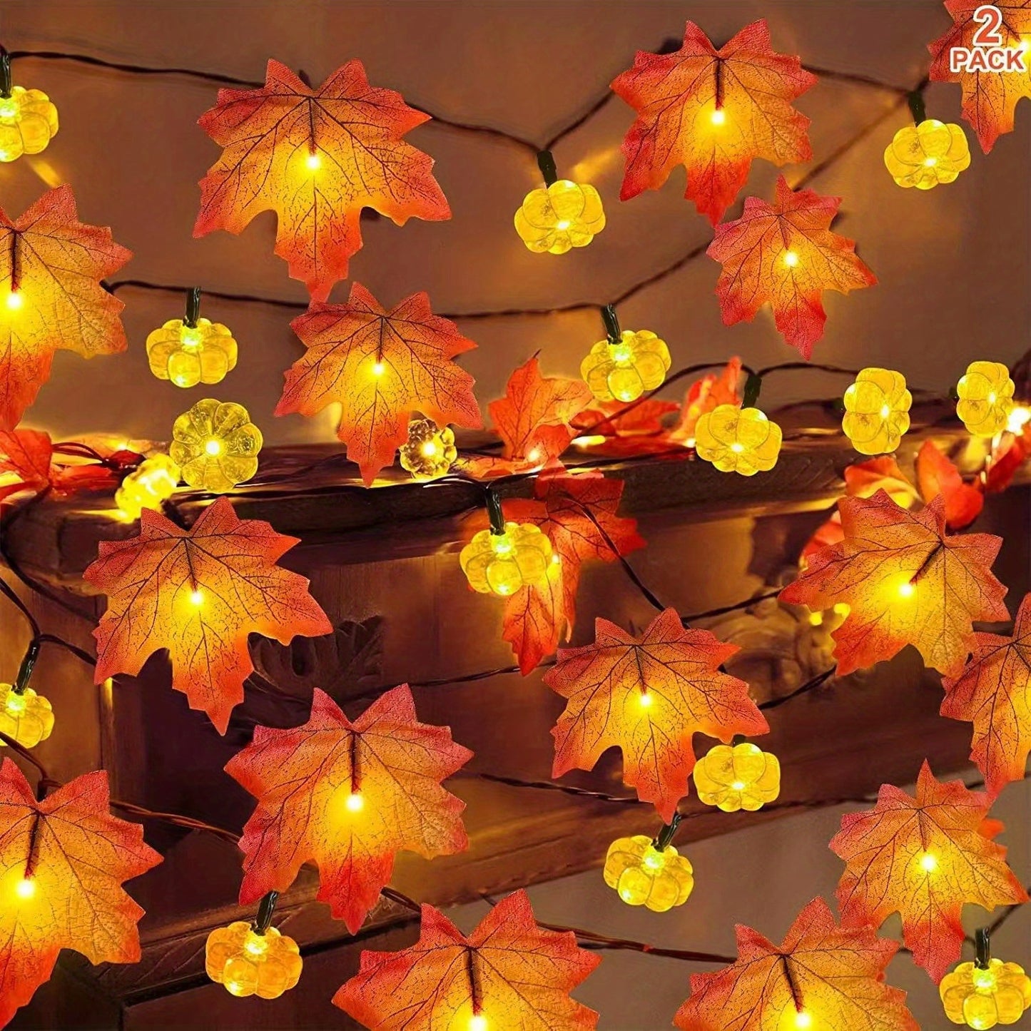2-Pack Fall Pumpkin Garland Lights - 30ft 60LED Battery Operated String Lights with Realistic Maple Leaves for Thanksgiving & Halloween Decor