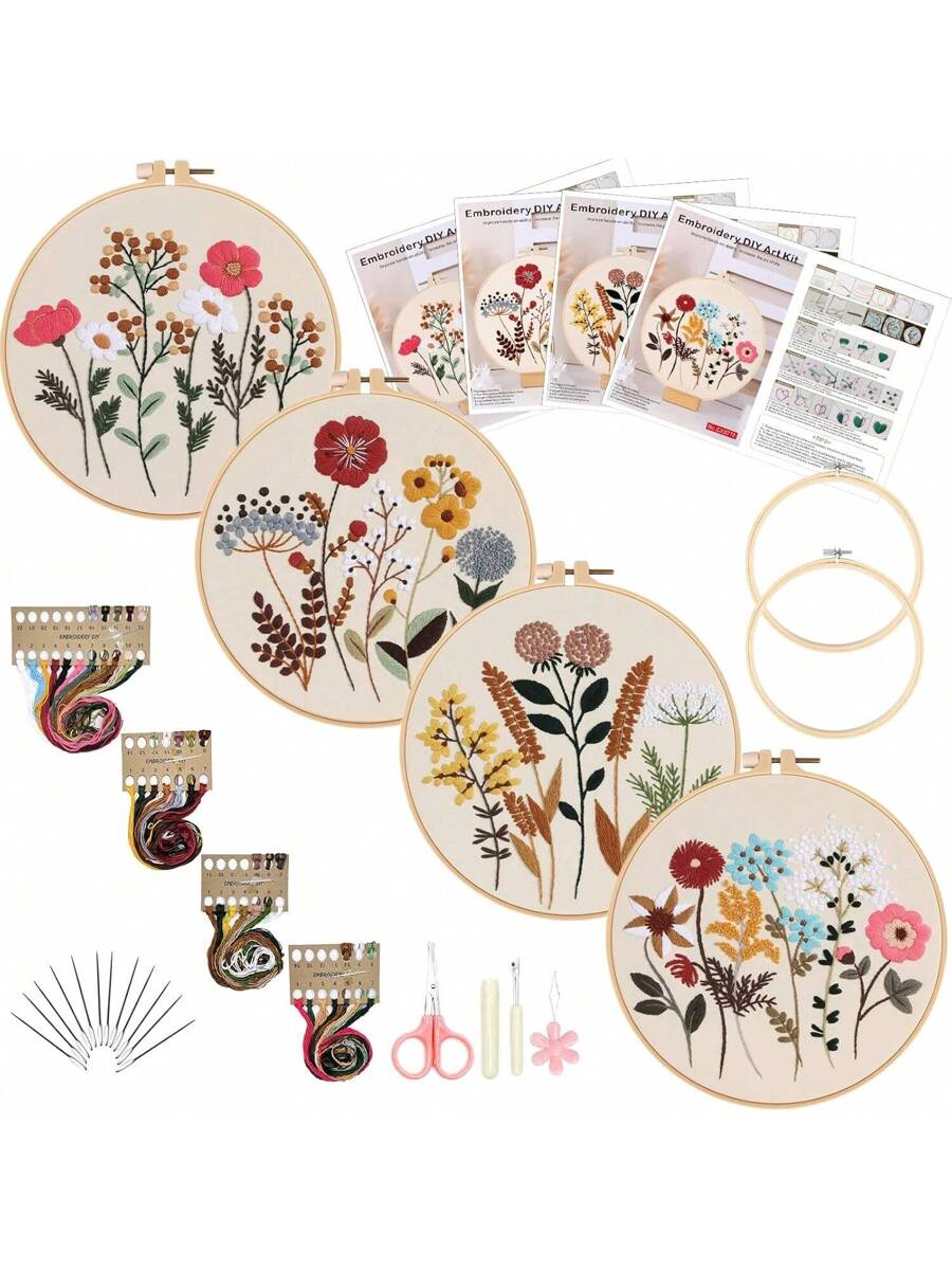 4 PCS Flower Embroidery Kit for Beginners with Pattern and Instructions, Embroidery Supplies, Cross Stitch Kits, Wooden Embroidery Hoops,Threads And Needles,Needlepoint Kit