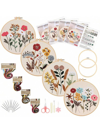 4 PCS Flower Embroidery Kit for Beginners with Pattern and Instructions, Embroidery Supplies, Cross Stitch Kits, Wooden Embroidery Hoops,Threads And Needles,Needlepoint Kit